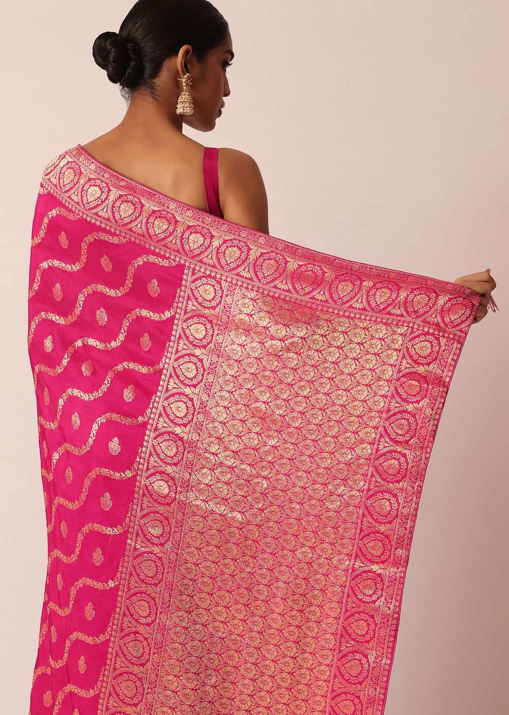 Pink Dola Silk Saree With Gold Zari Weave Butti Detail And Unstitched Blouse Piece