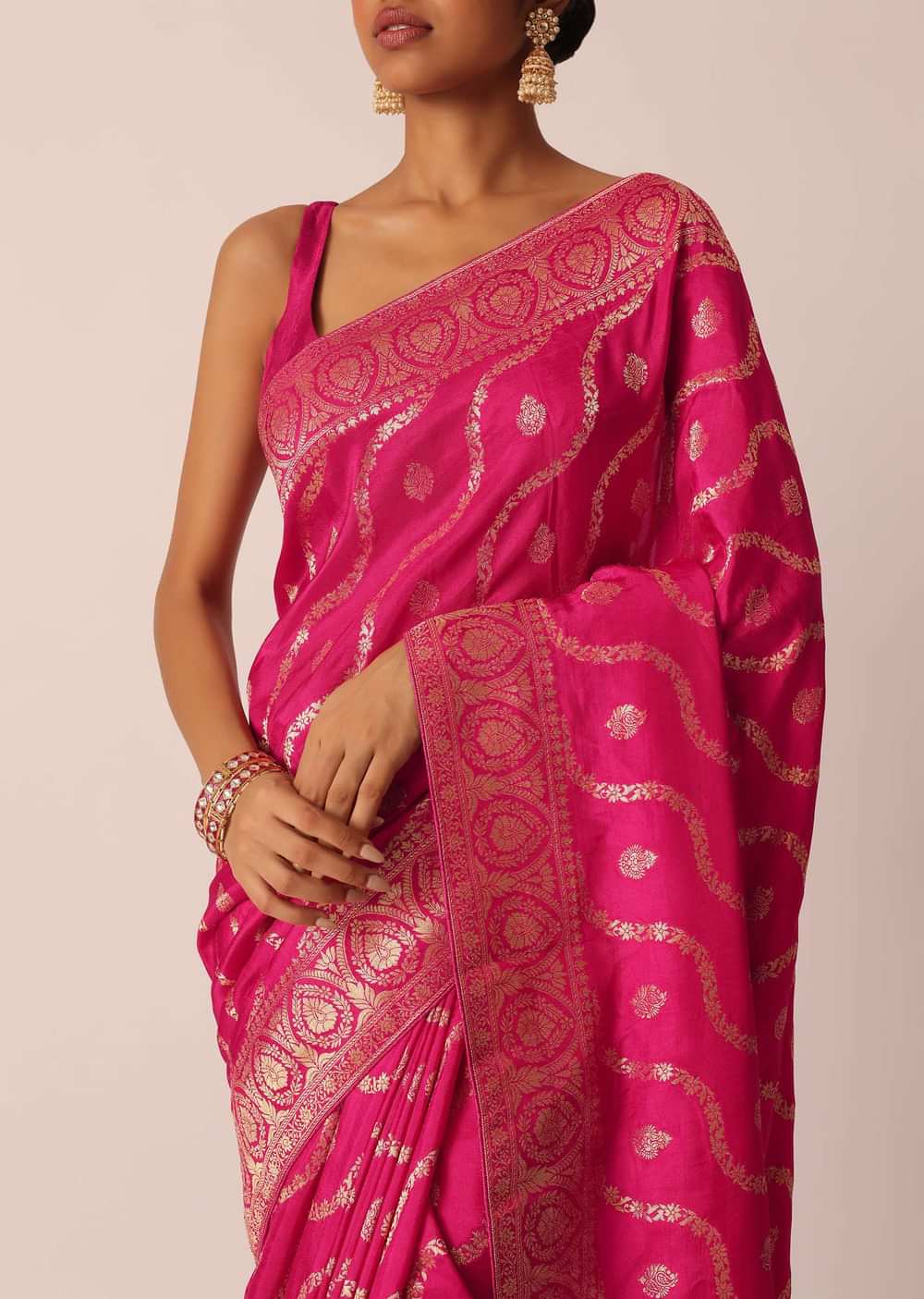 Pink Dola Silk Saree With Gold Zari Weave Butti Detail And Unstitched Blouse Piece