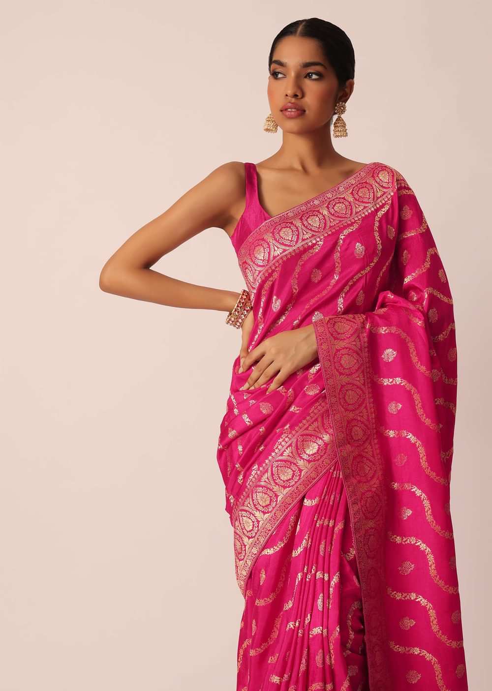 Pink Dola Silk Saree With Gold Zari Weave Butti Detail And Unstitched Blouse Piece