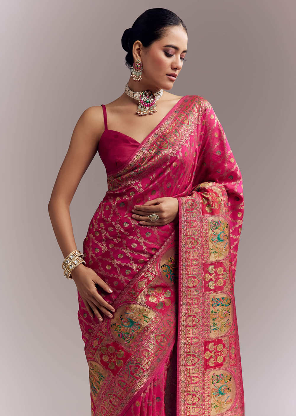 Pink Dola Silk Woven Saree With Delicate Hand Embroidery