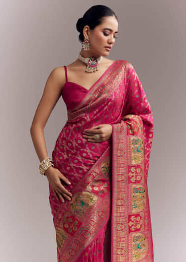 Pink Dola Silk Woven Saree With Delicate Hand Embroidery Pink Dola Silk Woven Saree With Delicate Hand Embroidery