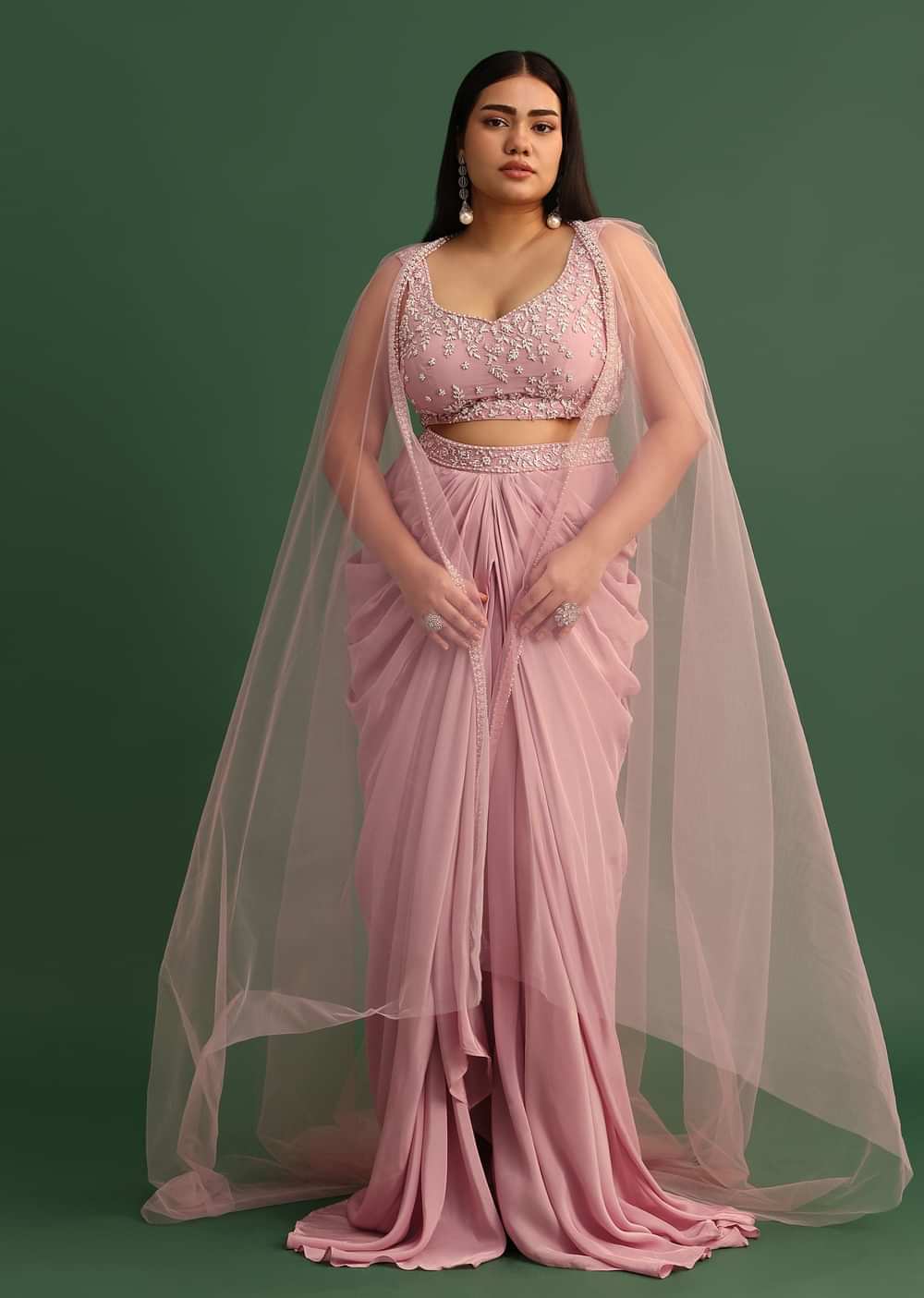 Peony Pink Draped Skirt With Sweatheart Neck Blouse With High Low Cape