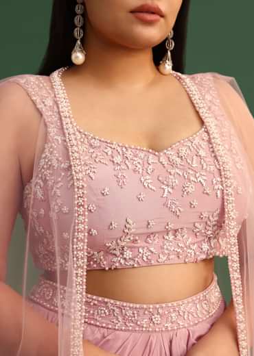 Peony Pink Draped Skirt With Sweatheart Neck Blouse With High Low Cape