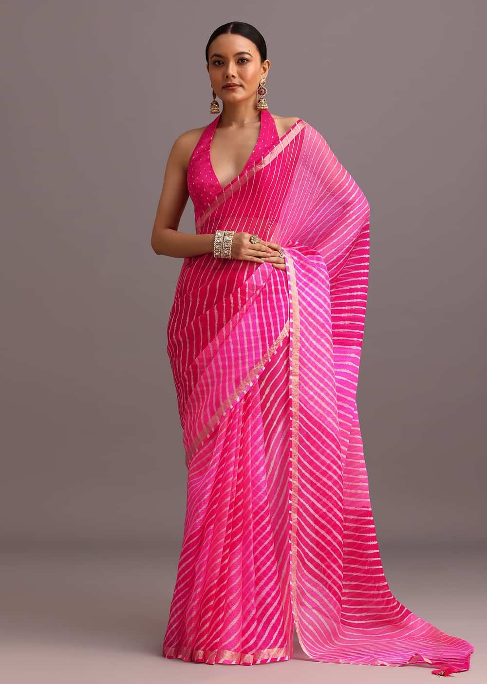 Pink Dual Shaded Cotton Kota Woven Saree With Zari Embroidered Border