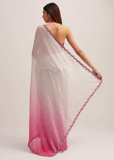 Pink Ombre Sequins Saree With Scallop Border