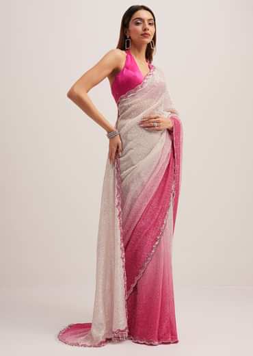 Pink Ombre Sequins Saree With Scallop Border