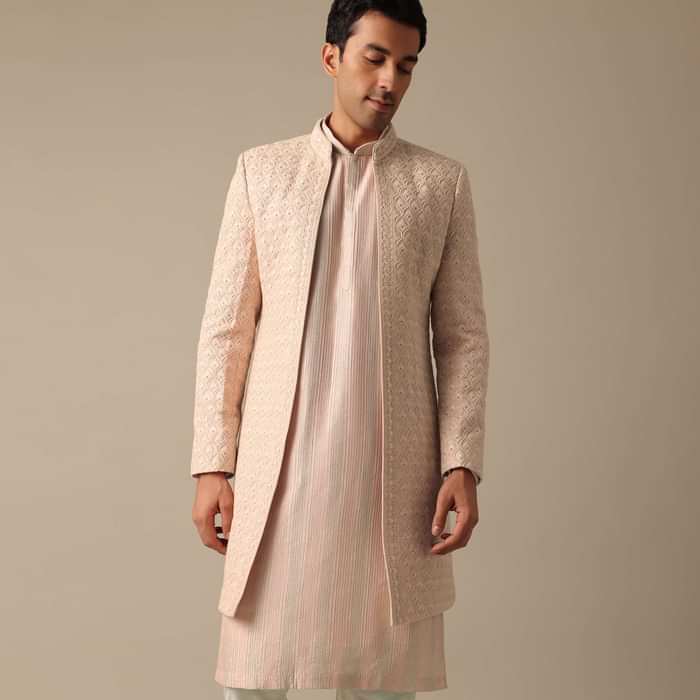 Pink Dupion Silk Embroidered Sherwani Set