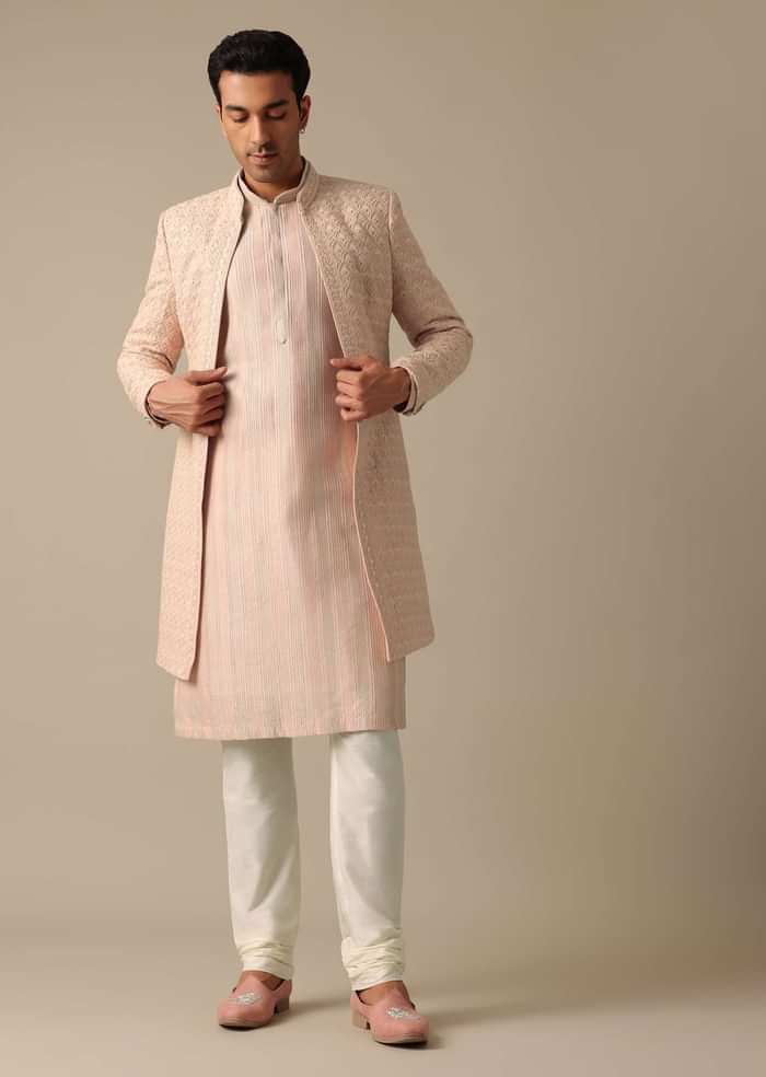 Pink Dupion Silk Embroidered Sherwani Set