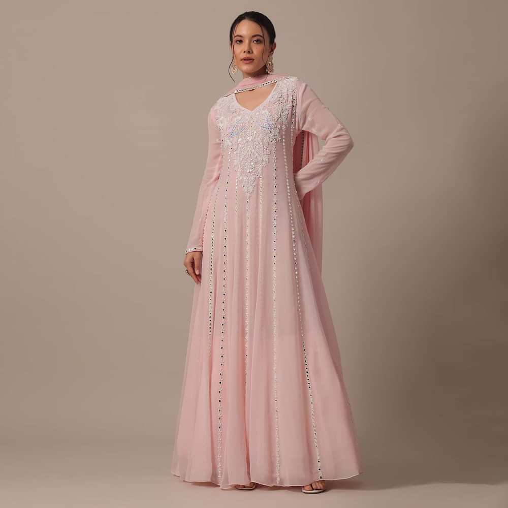 Pink Embellished Anarkali Set With Mirror Work