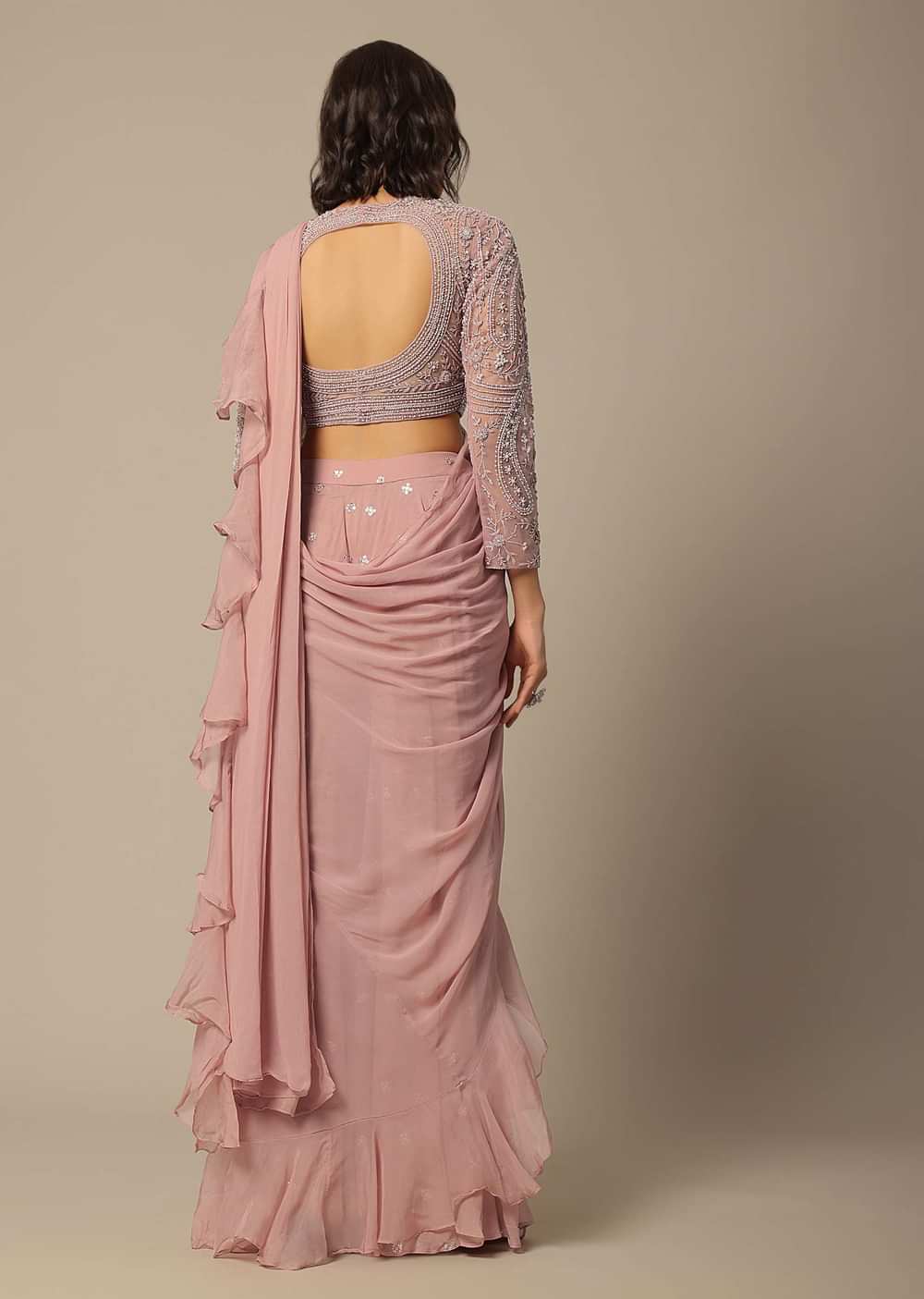 Pink Embellished Blouse And Draped Pant Set