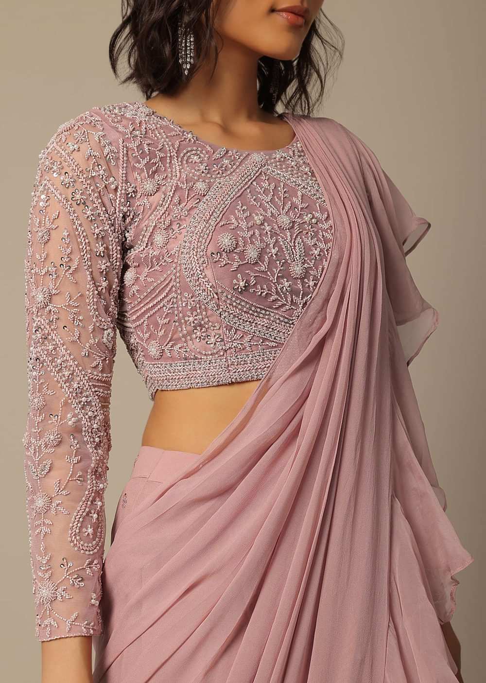 Pink Embellished Blouse And Draped Pant Set