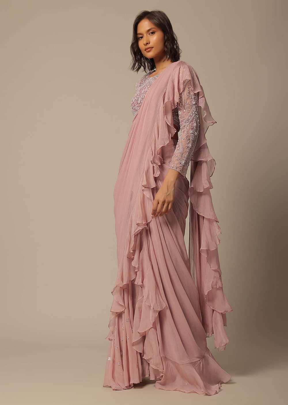 Pink Embellished Blouse And Draped Pant Set