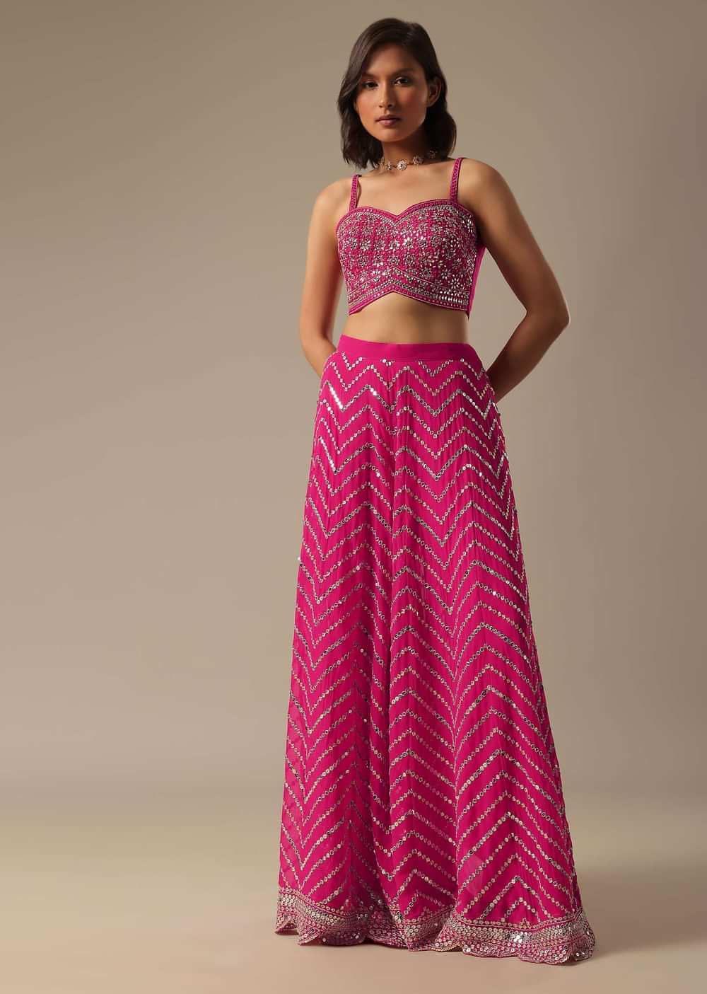 Pink Embellished Crop Top With Jacket And Palazzo