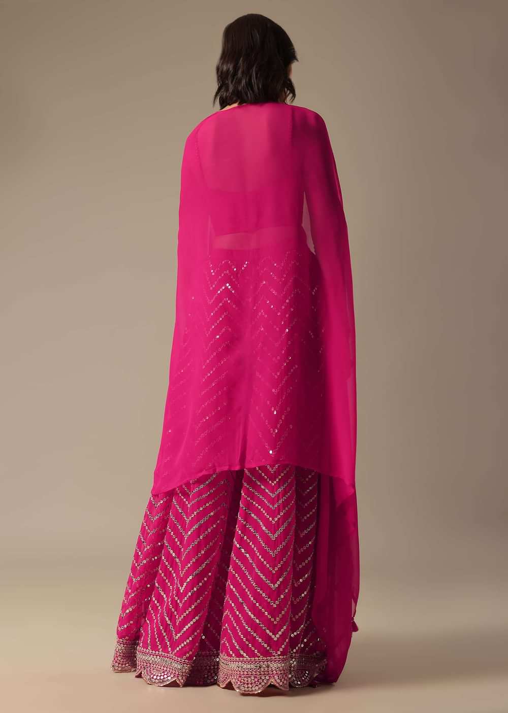Pink Embellished Crop Top With Jacket And Palazzo