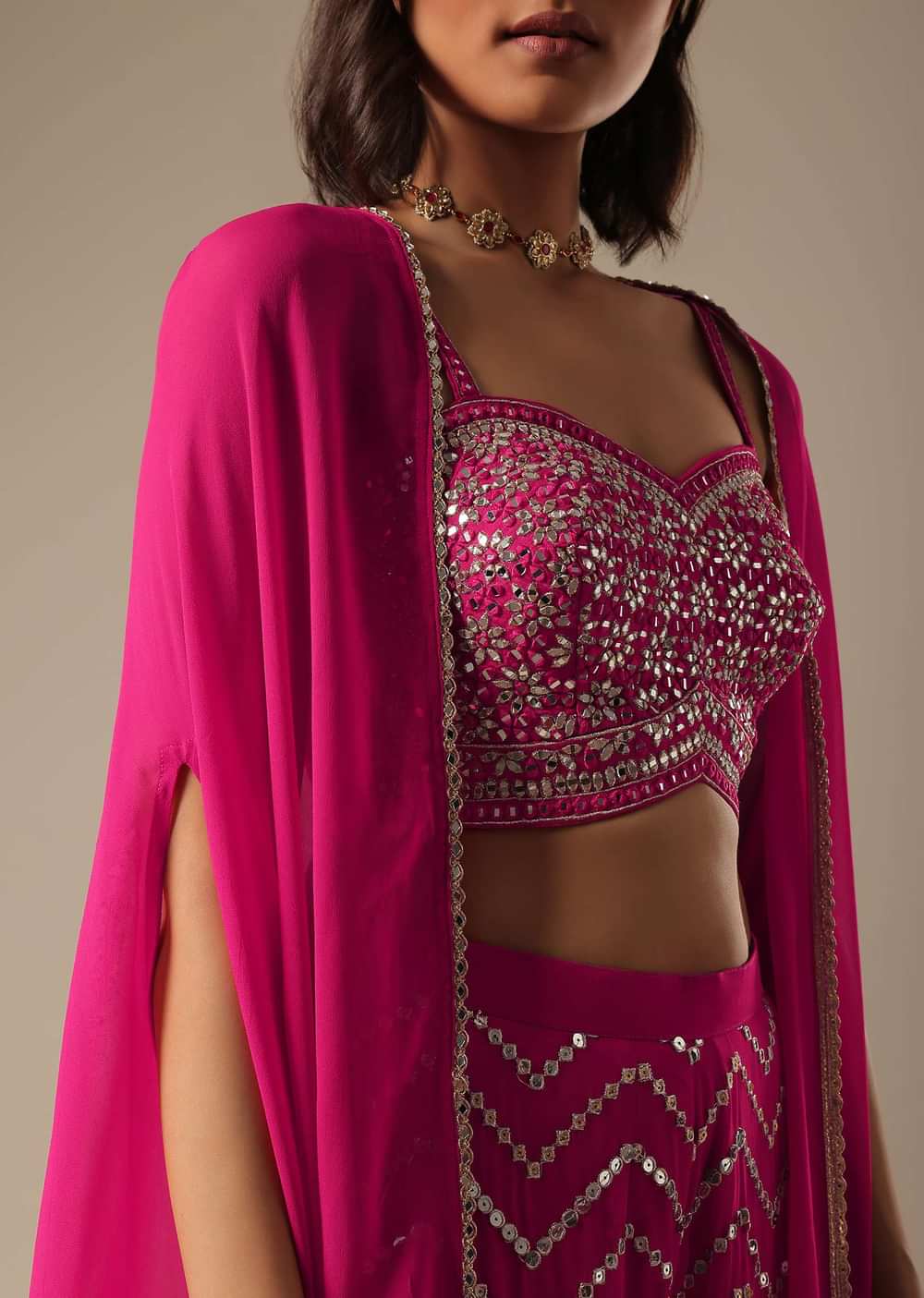 Pink Embellished Crop Top With Jacket And Palazzo