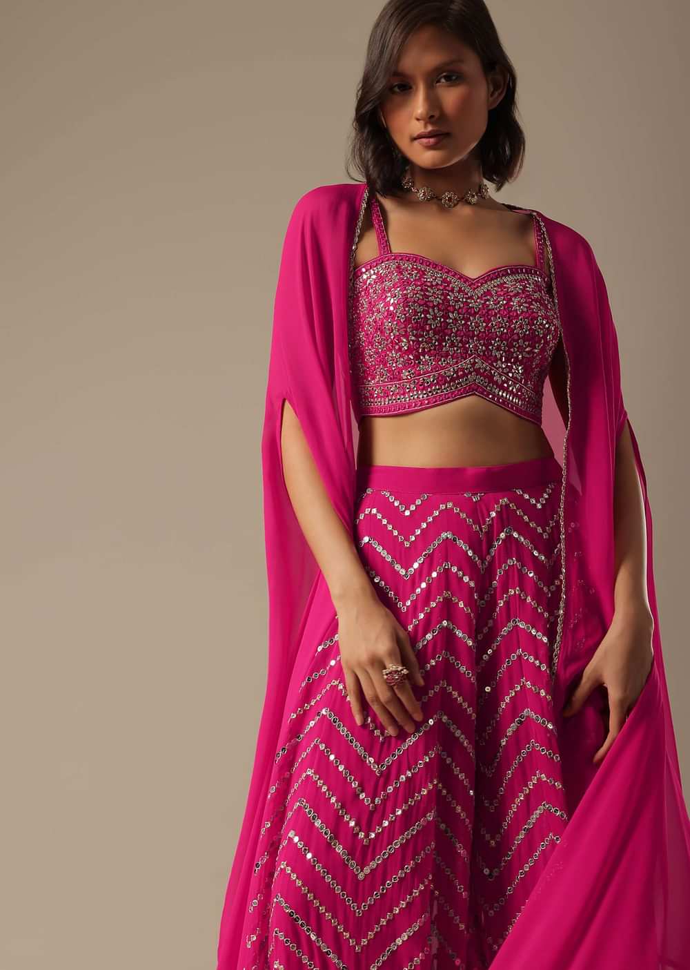 Pink Embellished Crop Top With Jacket And Palazzo