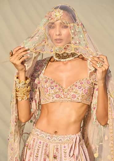 Pink Embroidered Butti Work Bridal Lehenga With Two Dupattas