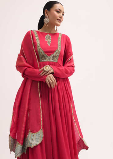 Pink Embroidered Chiffon Anarkali With Tissue Dupatta