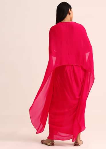 Pink Embroidered Chiffon Skirt And Cape