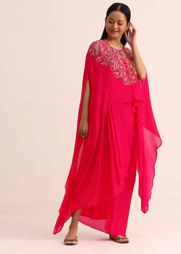 Pink Embroidered Chiffon Skirt And Cape