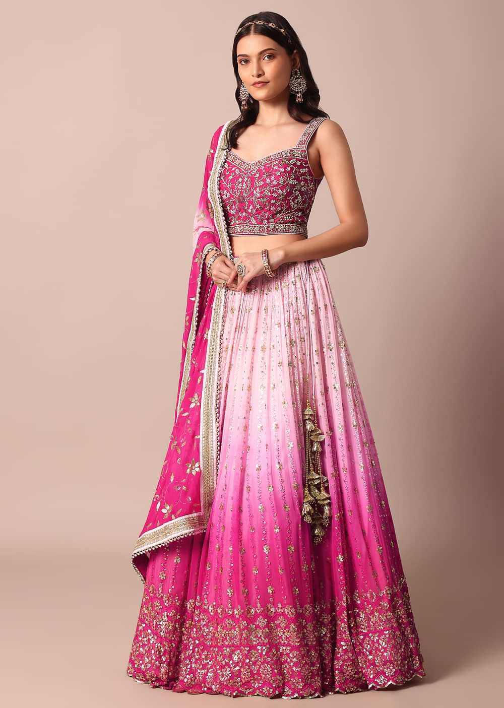 Pink Embroidered Choli With Exquisite Lehenga And Sequin-Adorned Dupatta