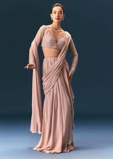Pink Embroidered Draped Skirt Saree With Blouse