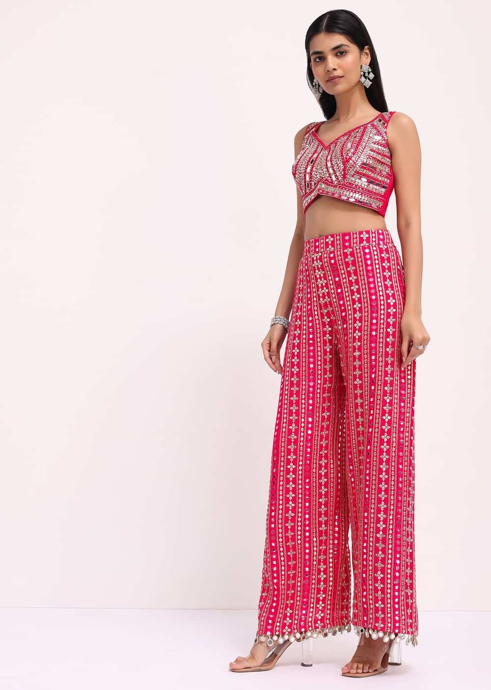 Pink Embroidered Georgette Crop Top And Palazzo Set With Jacket