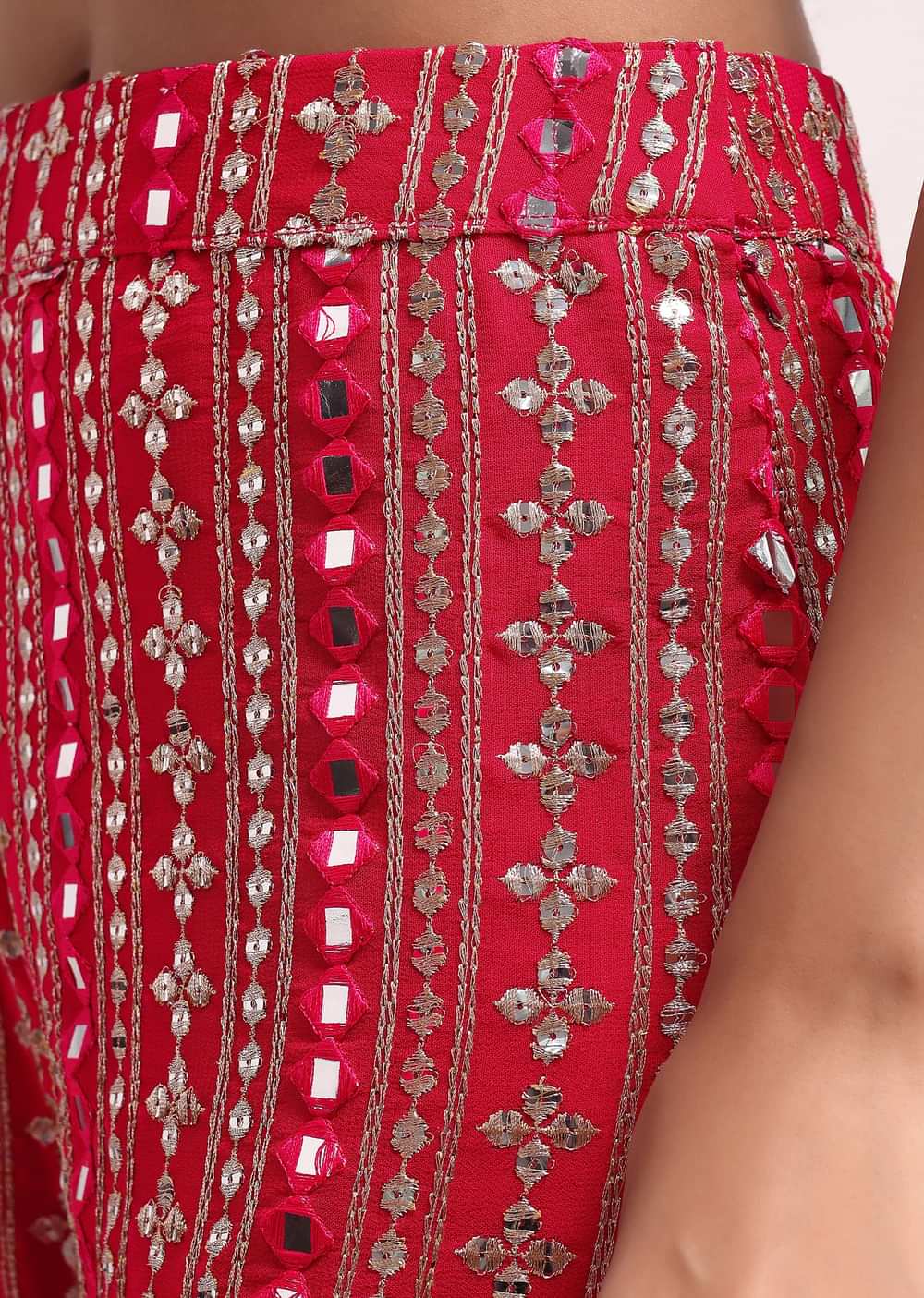 Pink Embroidered Georgette Crop Top And Palazzo Set With Jacket