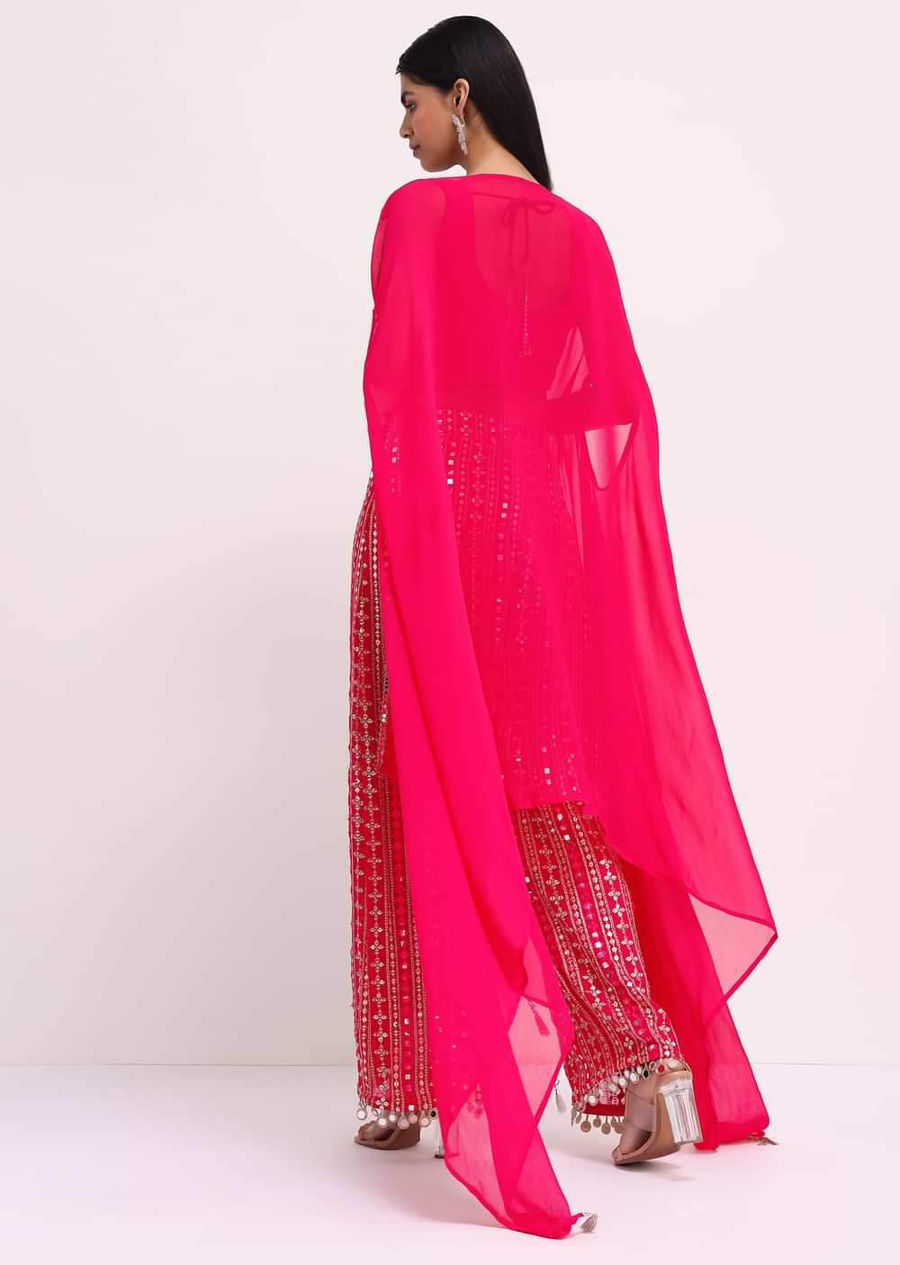 Pink Embroidered Georgette Crop Top And Palazzo Set With Jacket