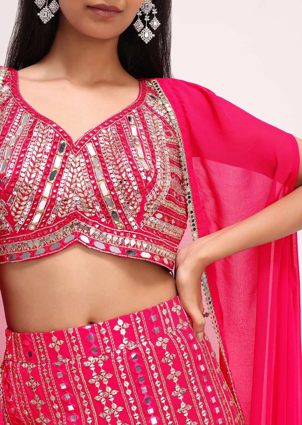 Pink Embroidered Georgette Crop Top And Palazzo Set With Jacket