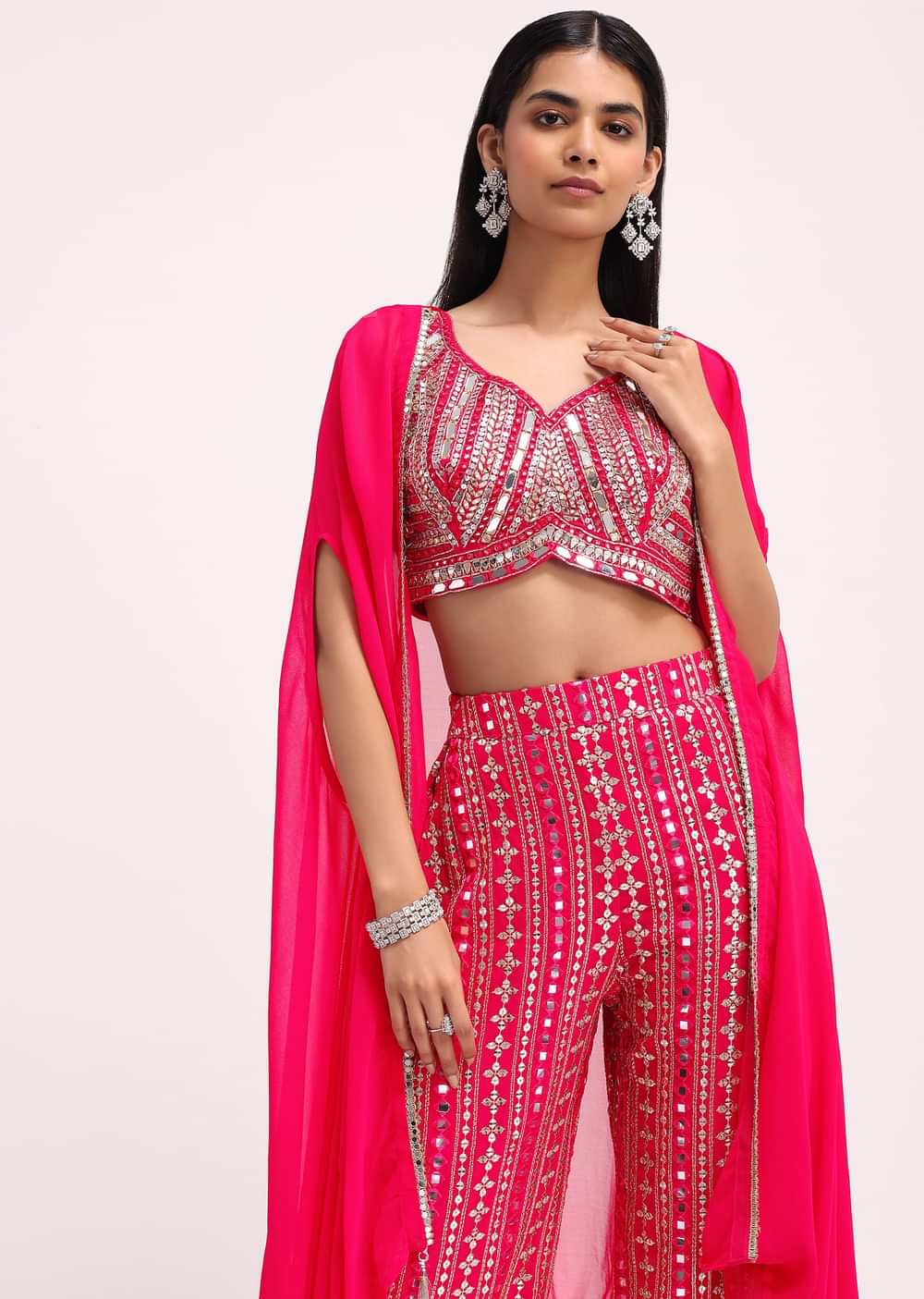 Pink Embroidered Georgette Crop Top And Palazzo Set With Jacket
