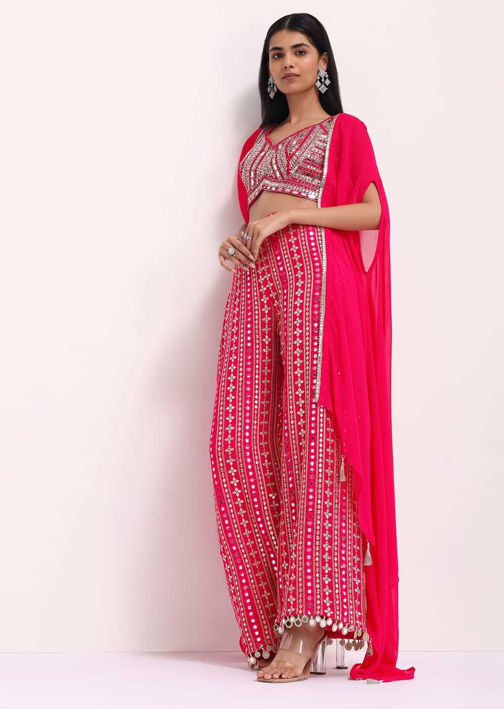 Pink Embroidered Georgette Crop Top And Palazzo Set With Jacket