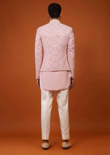 Powder Pink Embroidered Indo-Western Bandi Set In Georgette