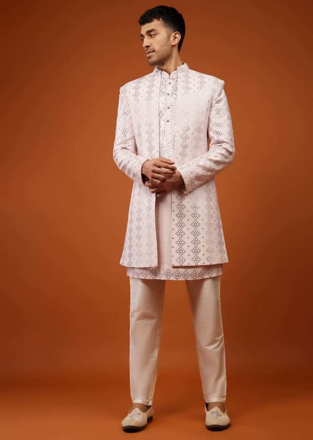 Candy Pink Embroidered Indo-Western Sherwani Set In Tussar Silk