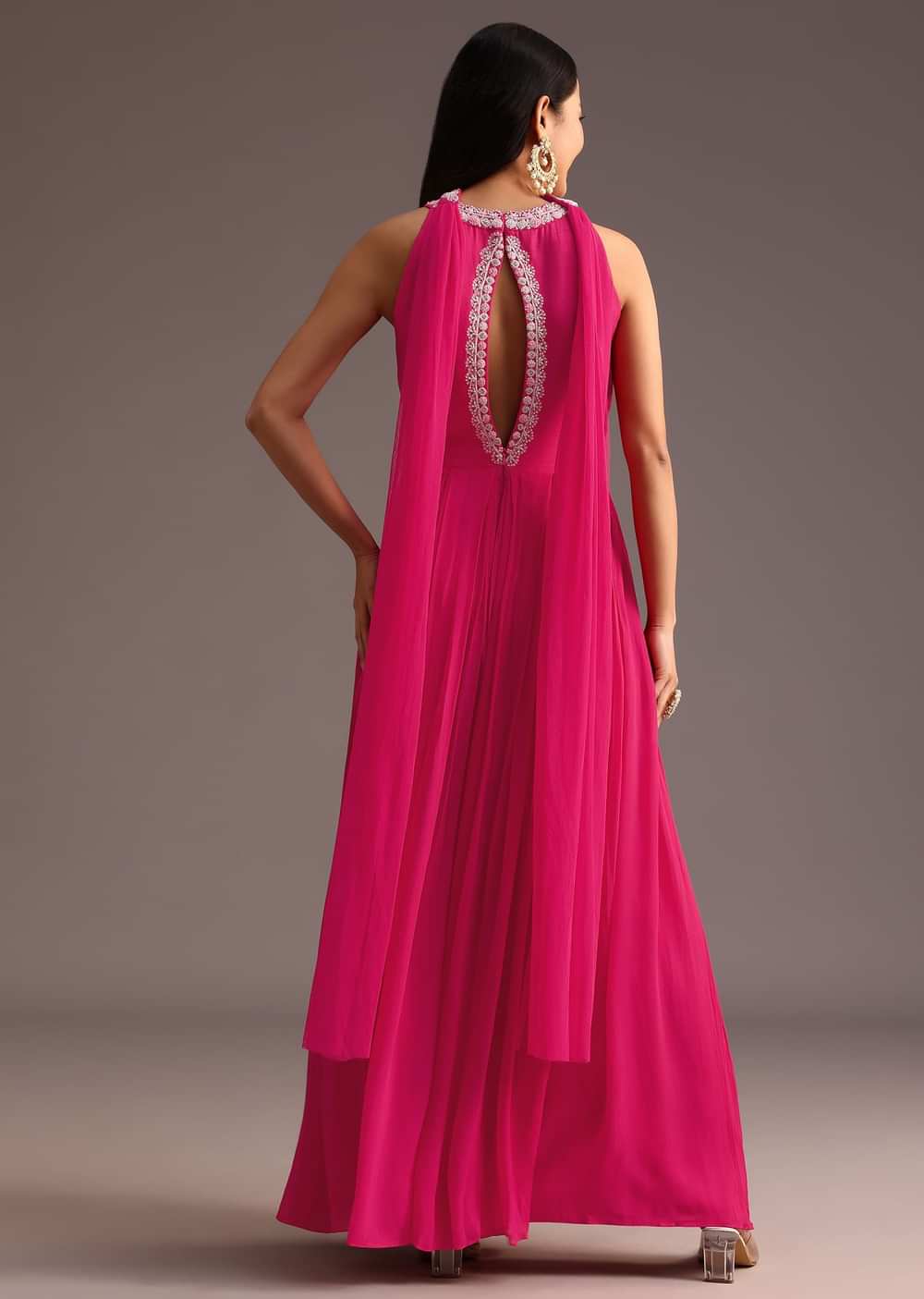 Pink Embroidered Jumpsuit With Choker Net Dupatta