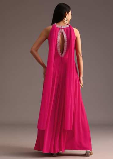 Pink Embroidered Jumpsuit With Choker Net Dupatta