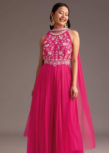Pink Embroidered Jumpsuit With Choker Net Dupatta
