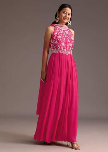 Pink Embroidered Jumpsuit With Choker Net Dupatta
