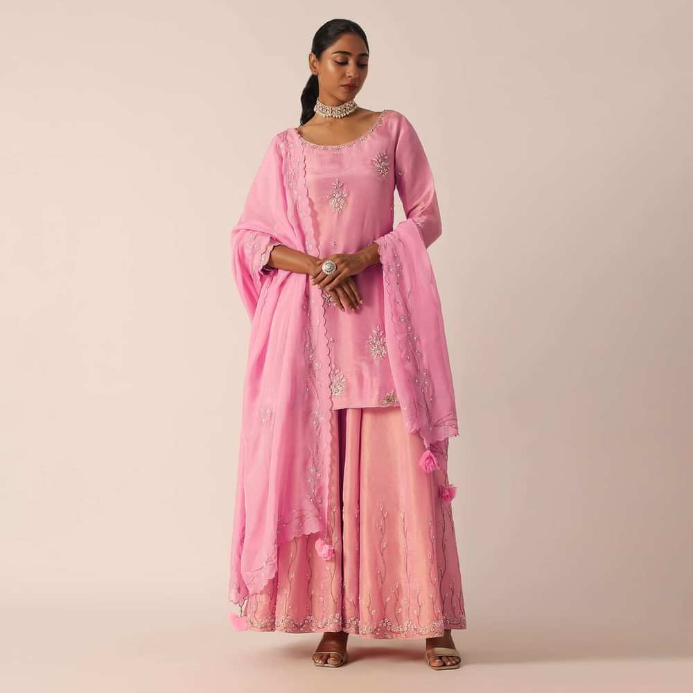 Pink Embroidered Kurta And Palazzo Set With Patchwork