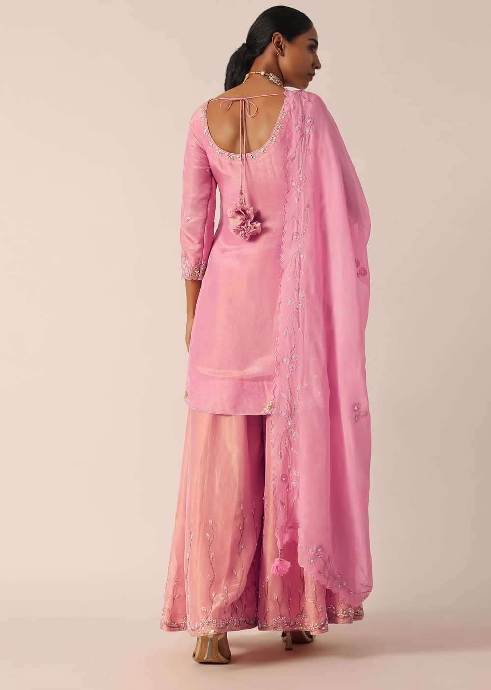 Pink Embroidered Kurta And Palazzo Set With Patchwork