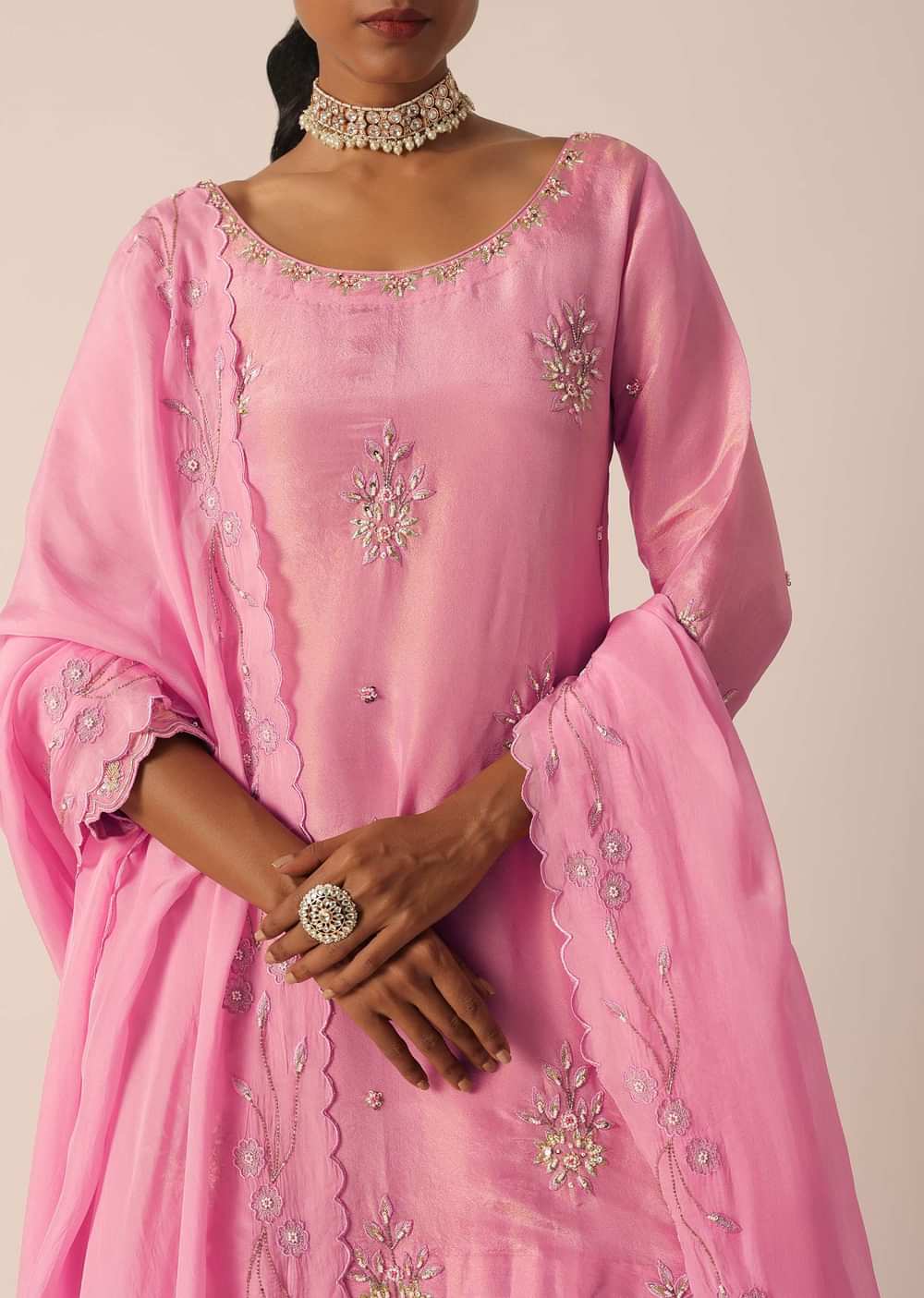Pink Embroidered Kurta And Palazzo Set With Patchwork