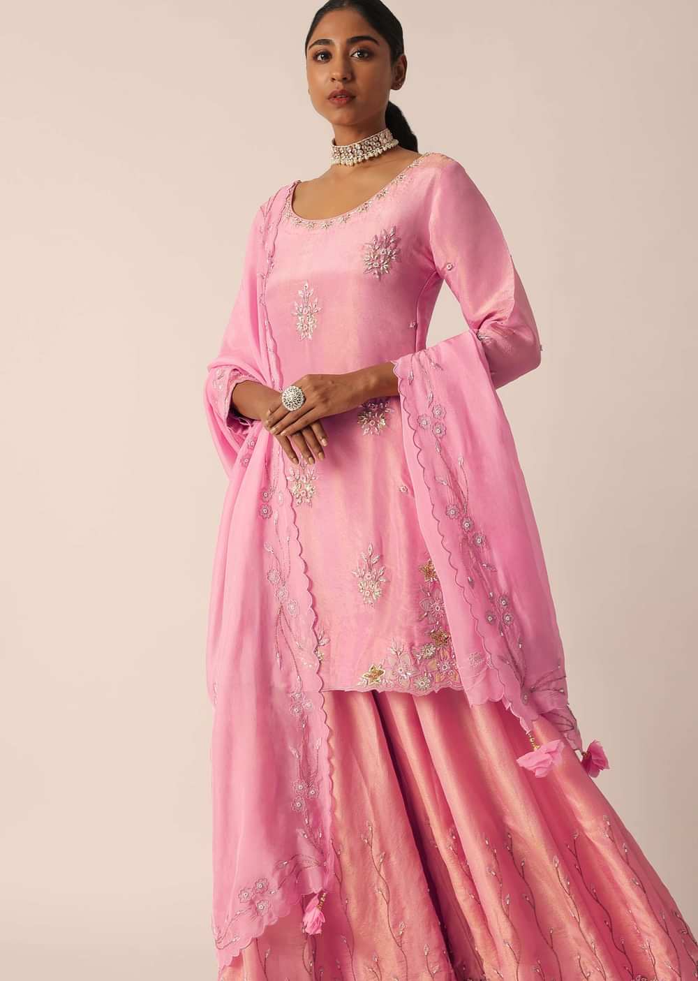 Pink Embroidered Kurta And Palazzo Set With Patchwork