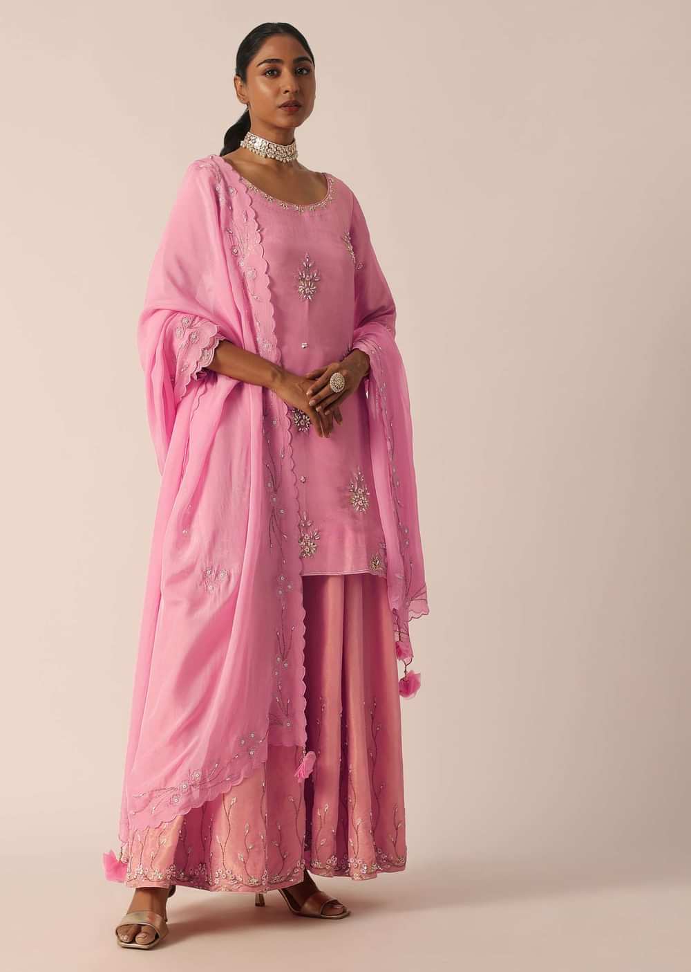 Pink Embroidered Kurta And Palazzo Set With Patchwork