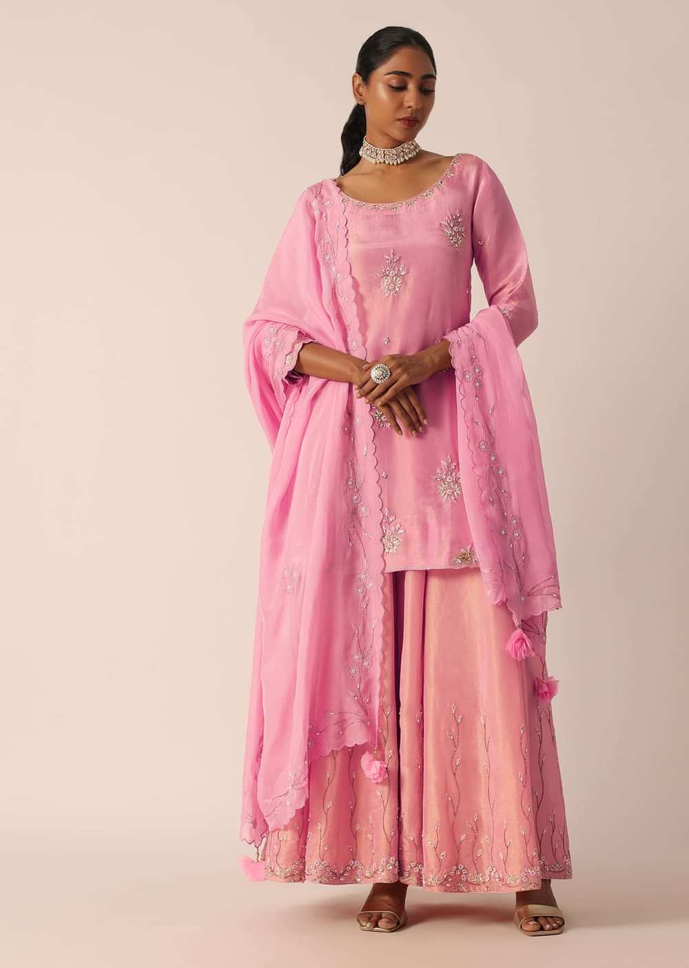 Pink Embroidered Kurta And Palazzo Set With Patchwork