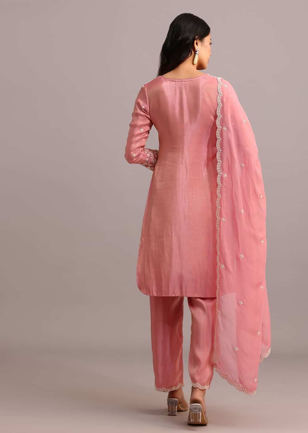 Pink Embroidered Kurti Set With Butti Work On Organza Dupatta