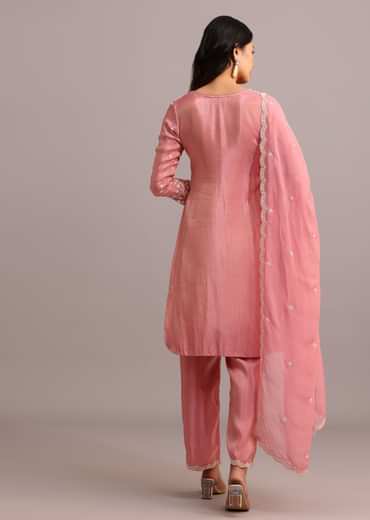 Pink Embroidered Kurti Set With Butti Work On Organza Dupatta