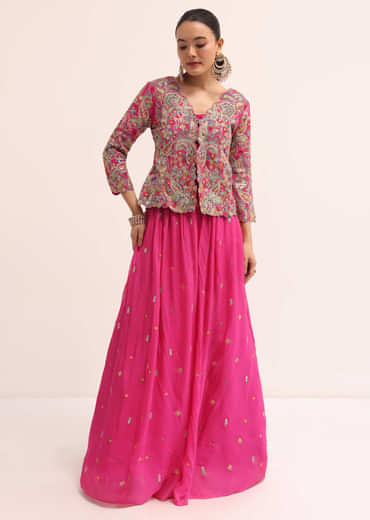 Pink Embroidered Lehenga Set With Jacket