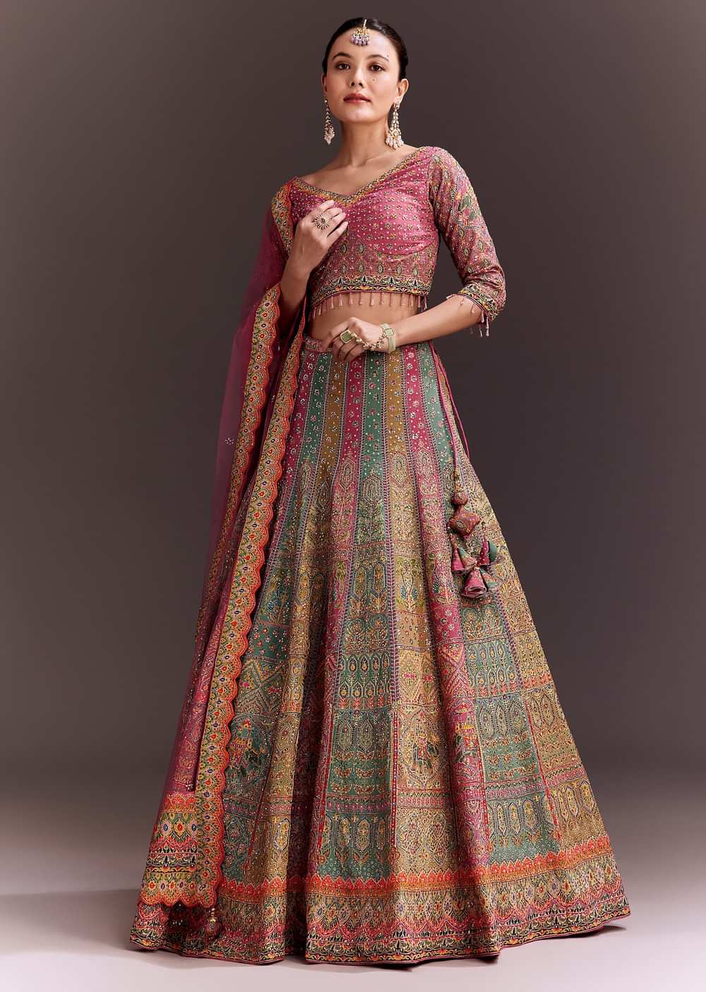 Pink Embroidered Lehenga Set With Net dupatta