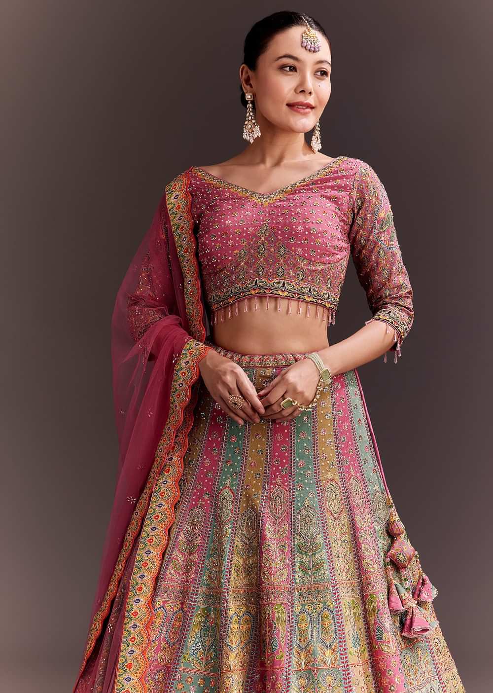 Pink Embroidered Lehenga Set With Net dupatta