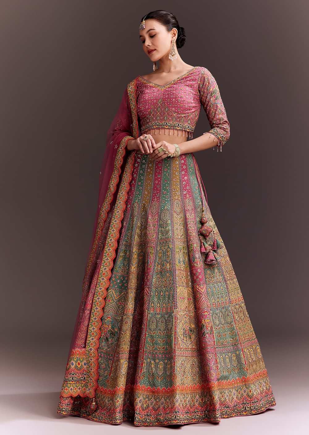 Pink Embroidered Lehenga Set With Net dupatta